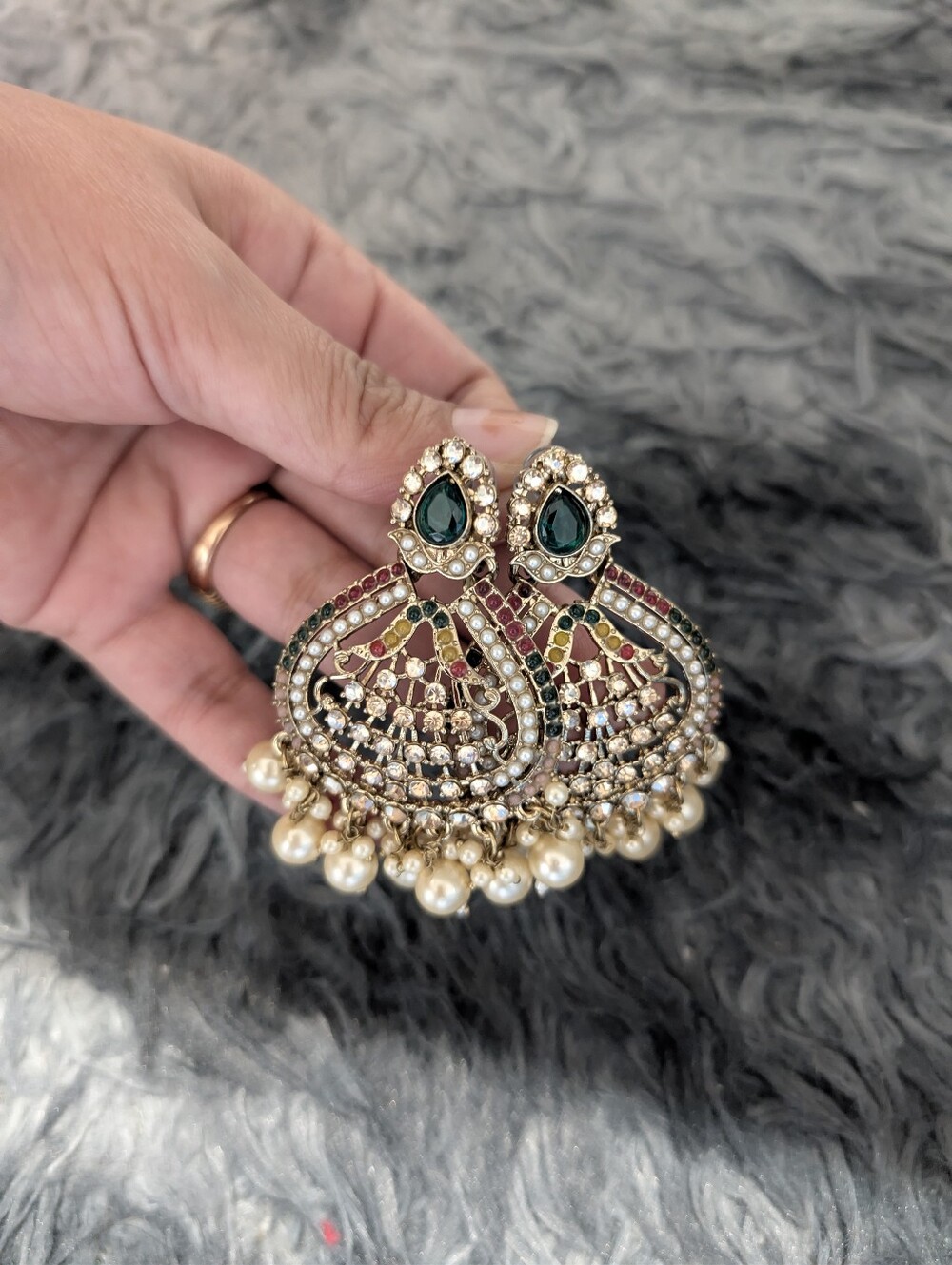 Traditional Gold-Tone Green and Pearl Jhumka Earrings